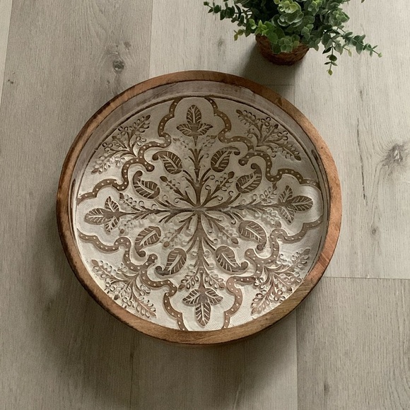 Wooden round serving tray white‎ wash distressed with handles home decor coastal - Picture 1 of 9
